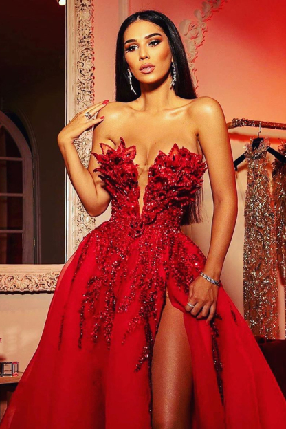 Dazzling 3D Floral A-Line Evening Prom Gown with Side Split