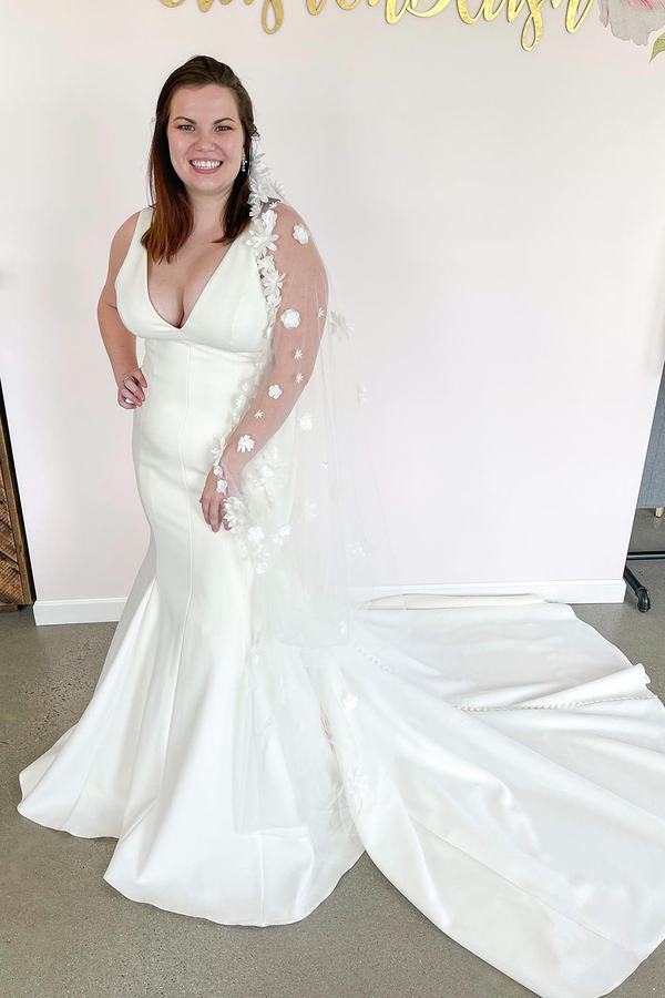 Deep V-Neck Backless Mermaid Wedding Dress with Wide Straps and Floor-Length Train