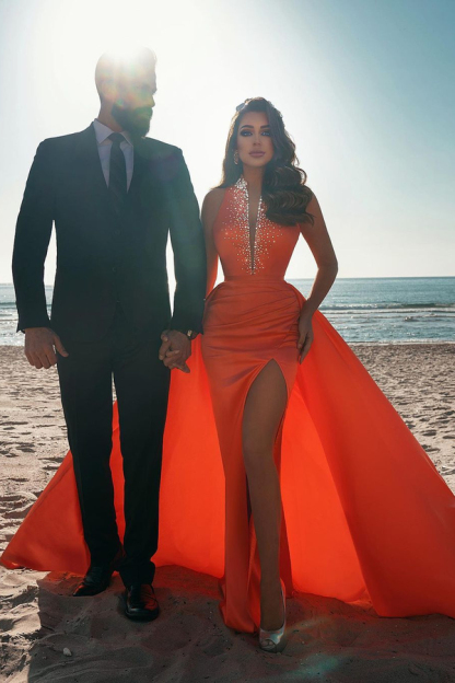 Deep V-Neck Crystals Satin Side Slit Mermaid Prom Dress with Sweep Train