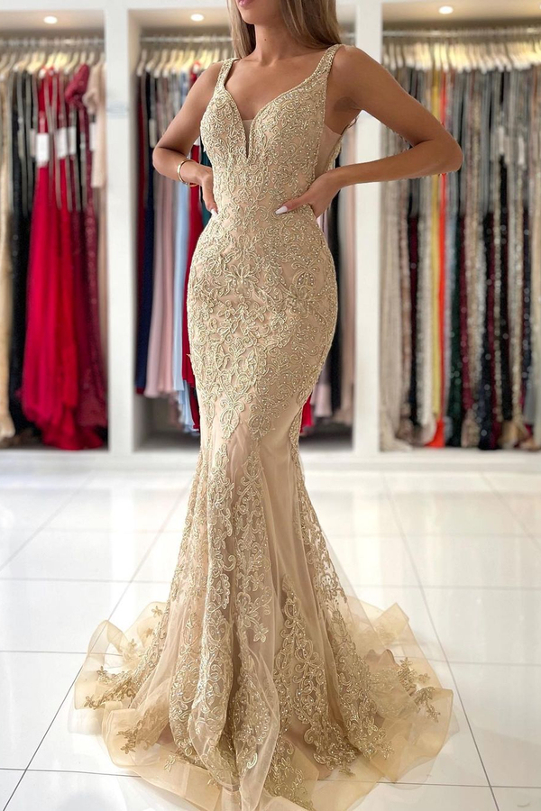 Deep V-Neck Mermaid Prom Dress Floral Lace Appliques Simple Formal Dress