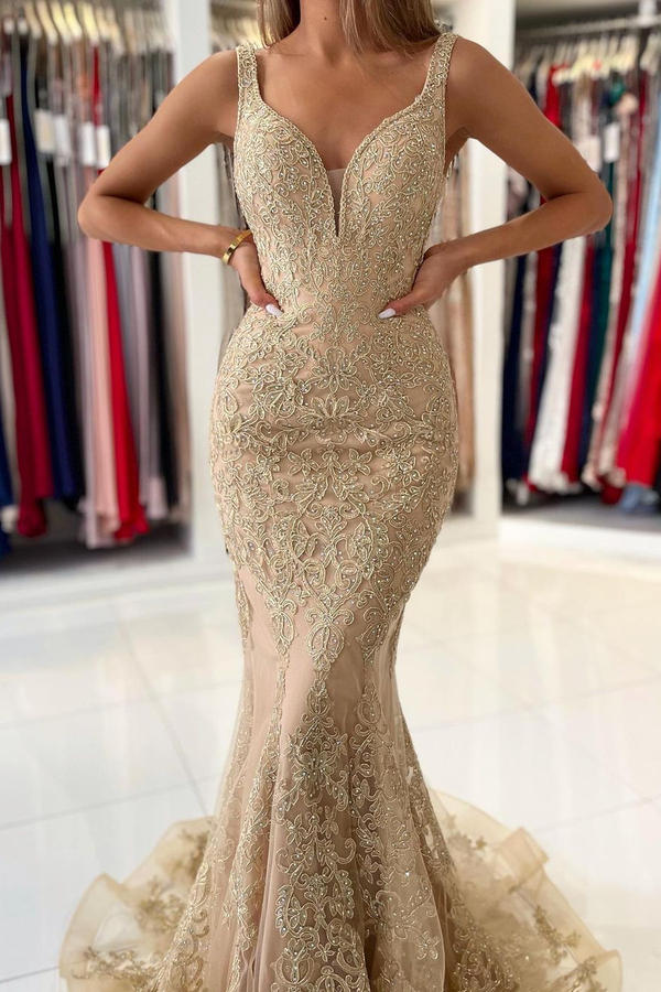 Deep V-Neck Mermaid Prom Dress Floral Lace Appliques Simple Formal Dress