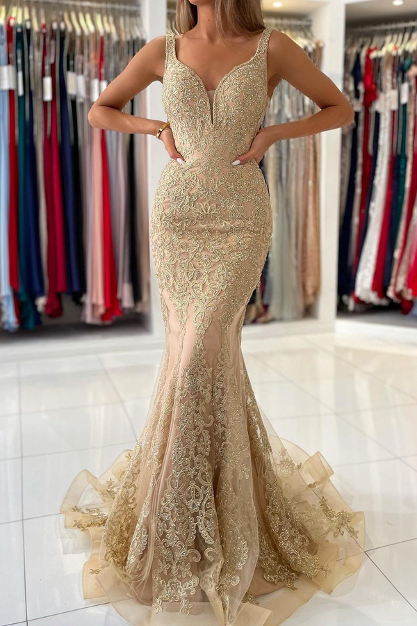 Deep V-Neck Mermaid Prom Dress Floral Lace Appliques Simple Formal Dress