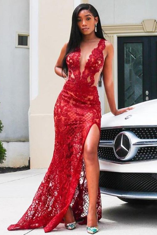 Deep V-Neck Red Prom Dress | Floral Lace Appliqués Split Front Party Dress
