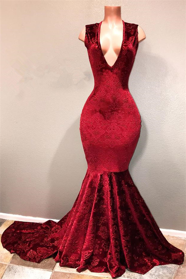 Deep V-Neck Sleeveless Burgundy Mermaid Lace Prom Dress