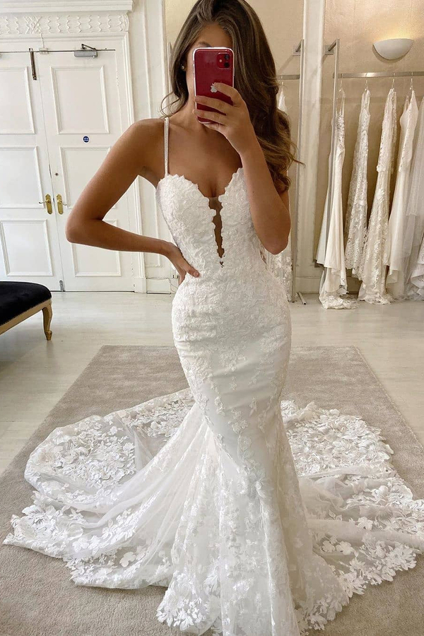 Delicate Double V-Neck Spaghetti Strap Lace Applique Mermaid Wedding Dress