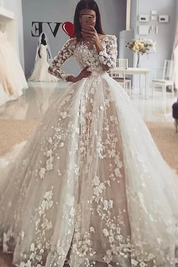 Delicate Lace Applique Long Sleeve Wedding Dress Aline with Floral Puffy Ball Gown