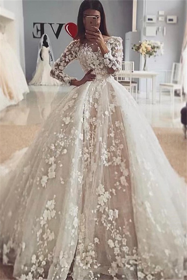 Delicate Lace Applique Long Sleeve Wedding Dress Aline with Floral Puffy Ball Gown