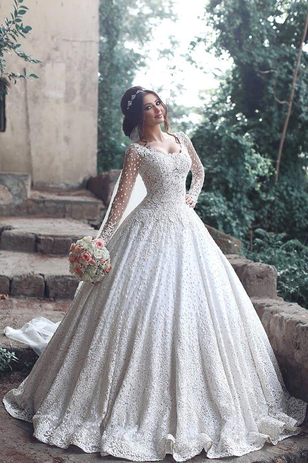 Designed Long Sleeve Bridal Dress with Lace Applique Custom Made