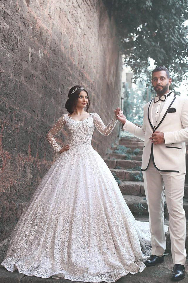 Designed Long Sleeve Bridal Dress with Lace Applique Custom Made