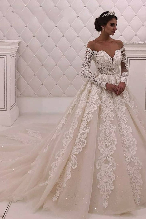 Designer Off-the-Shoulder Lace Princess White Wedding Dress