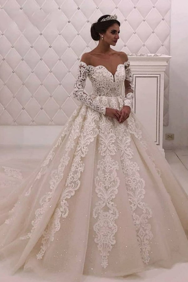 Designer Off-the-Shoulder Lace Princess White Wedding Dress