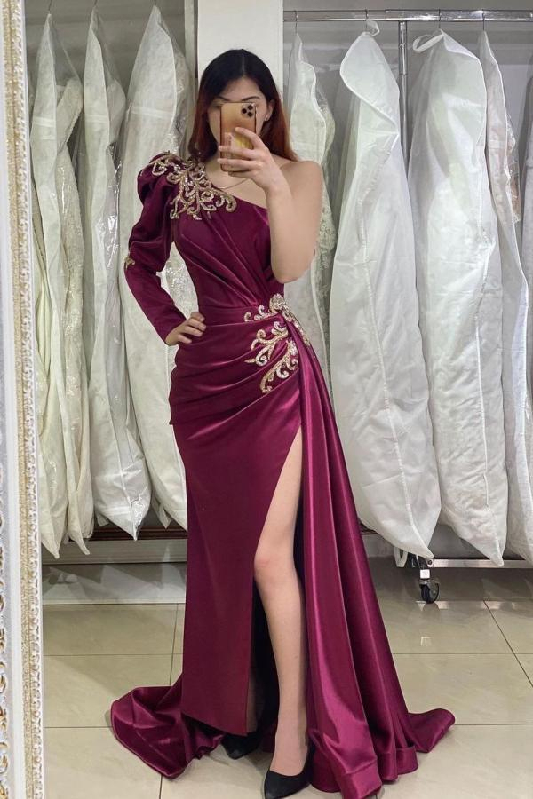 Designer One-Shoulder Side-Slit Evening Dress | Long Prom Dress