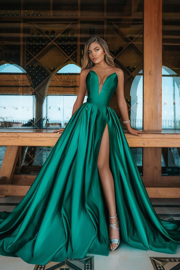 Double V-Neck Dark Green Evening Maxi Dress | Satin Side Split Party Gown