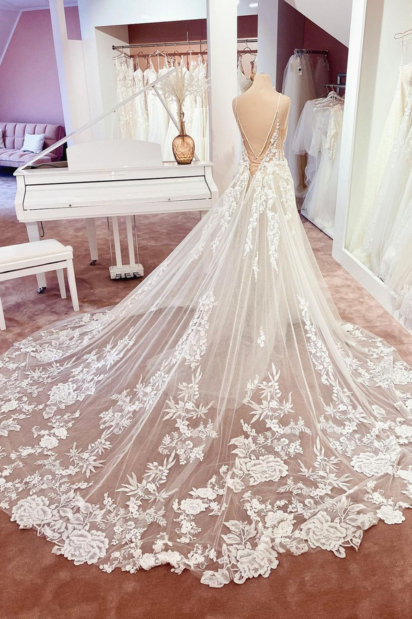 Double V-Neck Tulle A-Line Wedding Dress with Spaghetti Straps