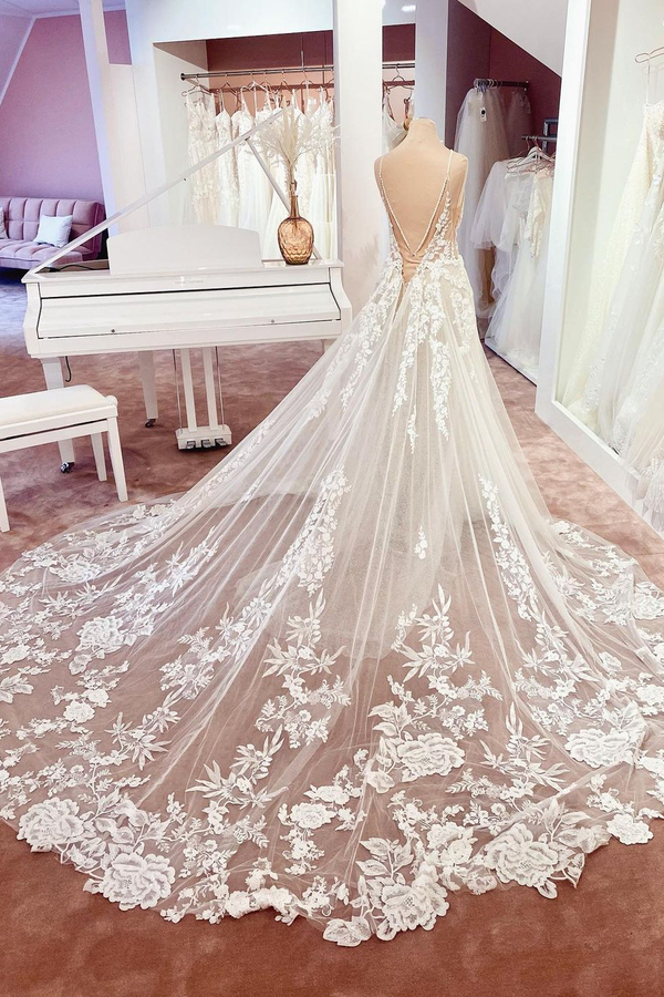 Double V-Neck Tulle A-Line Wedding Dress with Spaghetti Straps