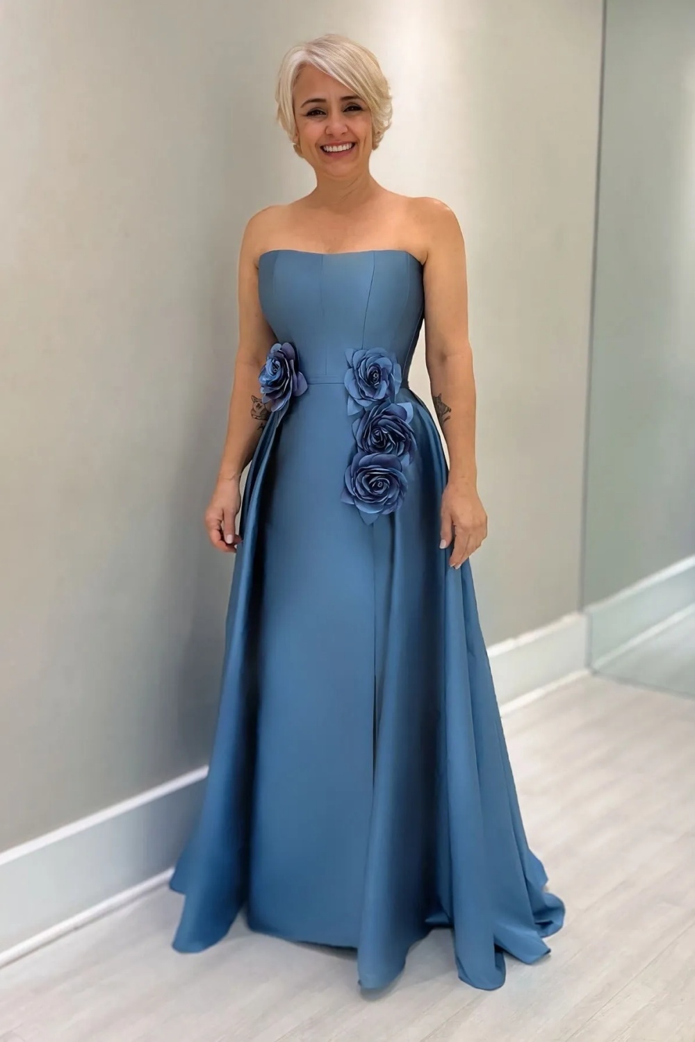 Dusty Blue Satin Mother of the Bride Dress with Flowers Strapless Long Wedding Guest Dress