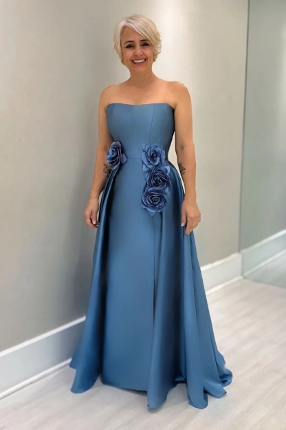 Dusty Blue Satin Mother of the Bride Dress with Flowers Strapless Long Wedding Guest Dress