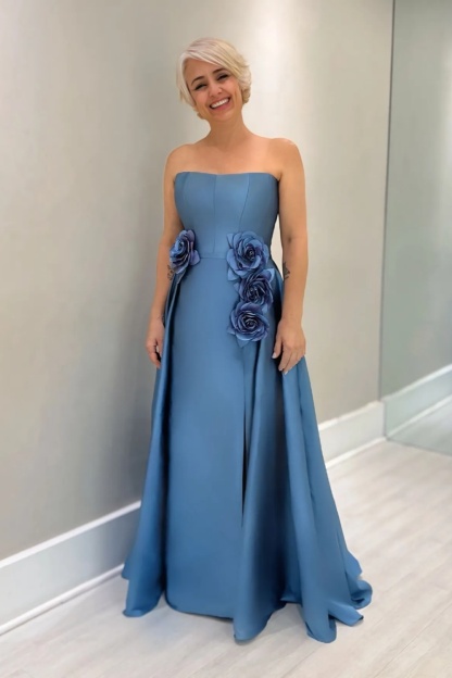 Dusty Blue Satin Mother of the Bride Dress with Flowers Strapless Long Wedding Guest Dress