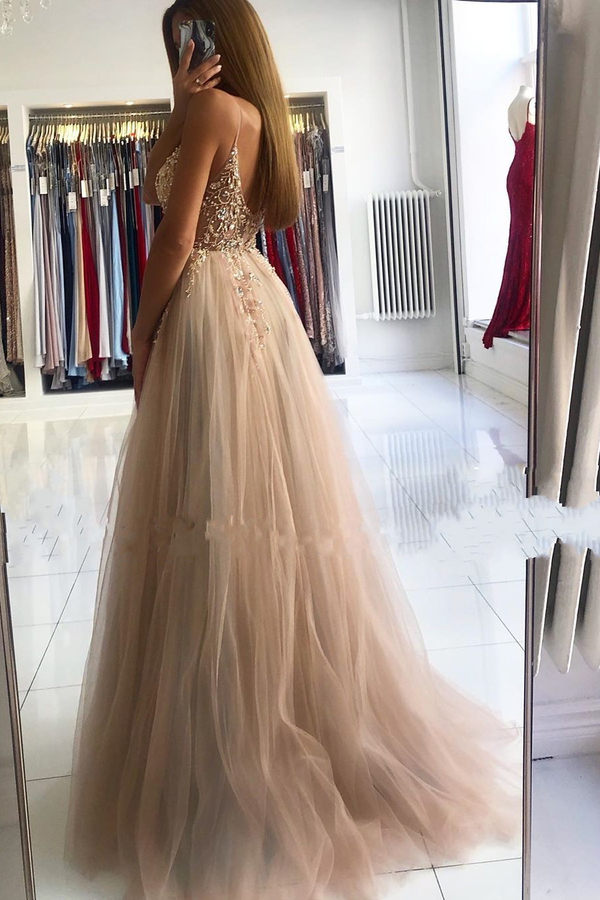 Dusty Blue V-Neck Tulle ALine Evening Dress with Illusion Neck