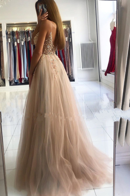 Dusty Blue V-Neck Tulle ALine Evening Dress with Illusion Neck