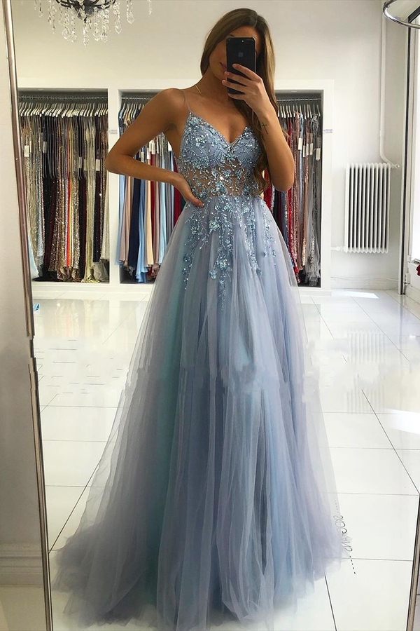 Dusty Blue V-Neck Tulle ALine Evening Dress with Illusion Neck
