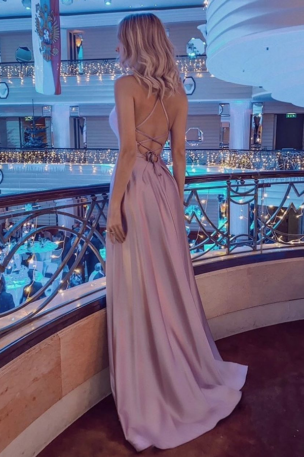 Dusty Pink Halter Backless High Split Long Evening Dress