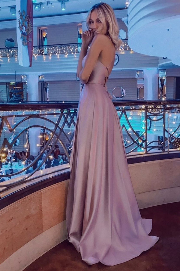 Dusty Pink Halter Backless High Split Long Evening Dress