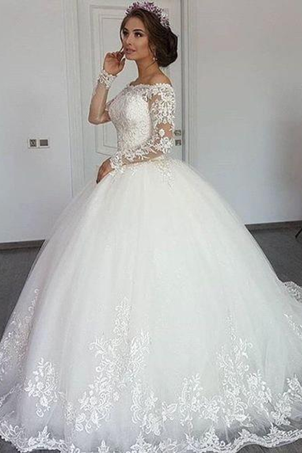 Elegant A-Line Princess Lace Off-Shoulder Wedding Dress with Long Sleeves