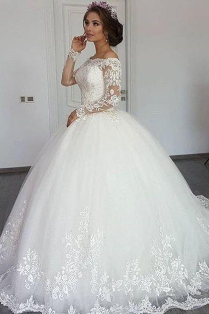 Elegant A-Line Princess Lace Off-Shoulder Wedding Dress with Long Sleeves
