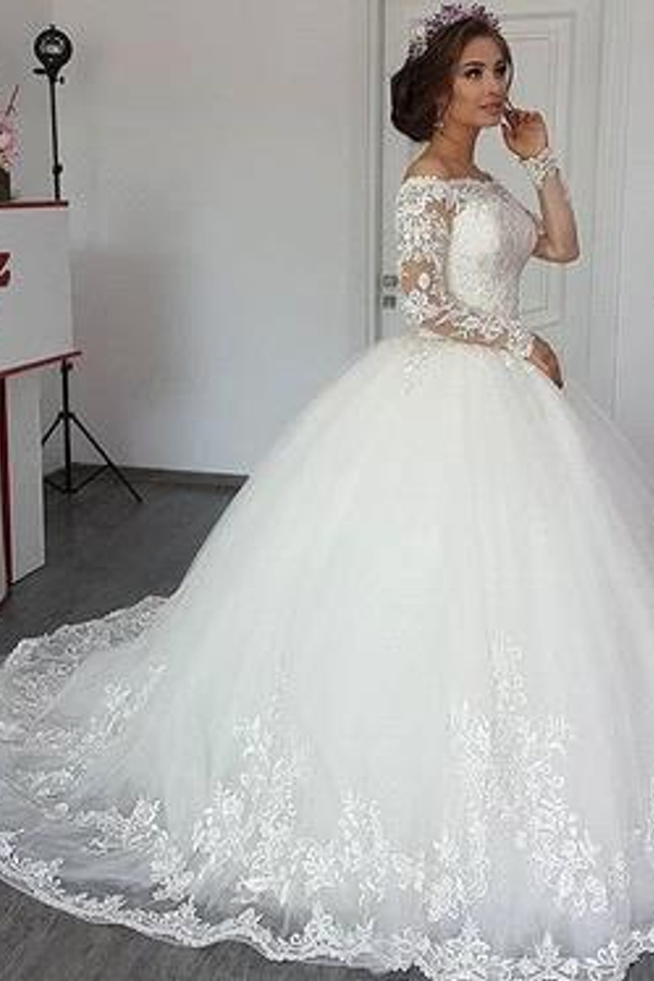 Elegant A-Line Princess Lace Off-Shoulder Wedding Dress with Long Sleeves