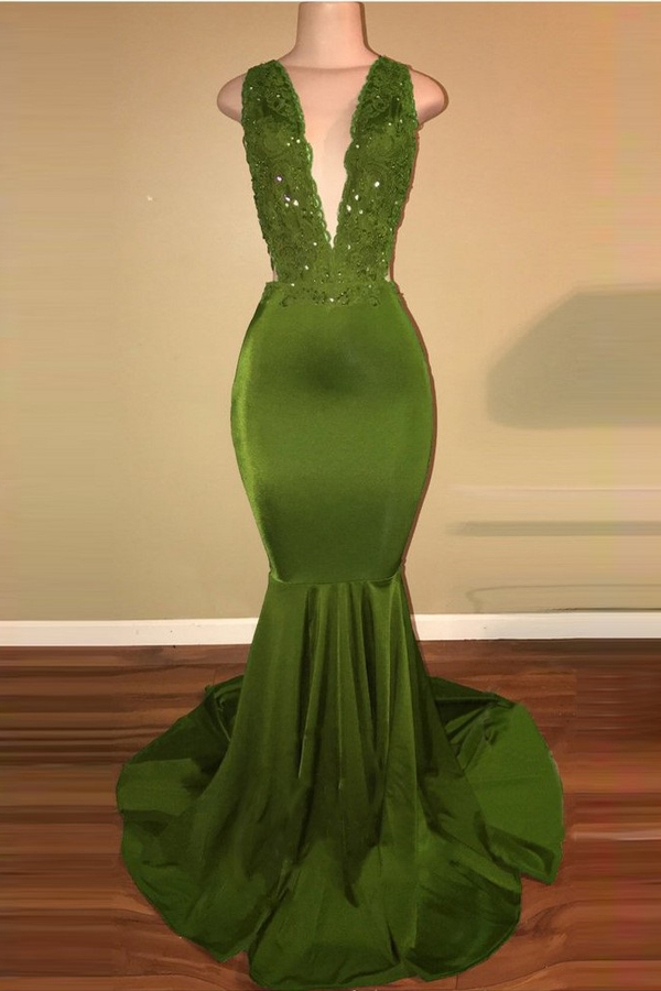 Elegant Beaded Lace Appliqué V-Neck Sleeveless Mermaid Prom Dress