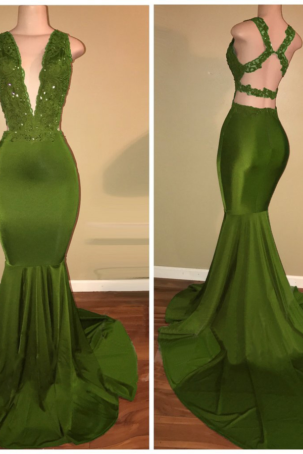 Elegant Beaded Lace Appliqué V-Neck Sleeveless Mermaid Prom Dress