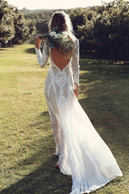 Elegant Boho Long Sleeve Backless Lace Beach Wedding Dress | Simple Summer Casual Bridal Gown