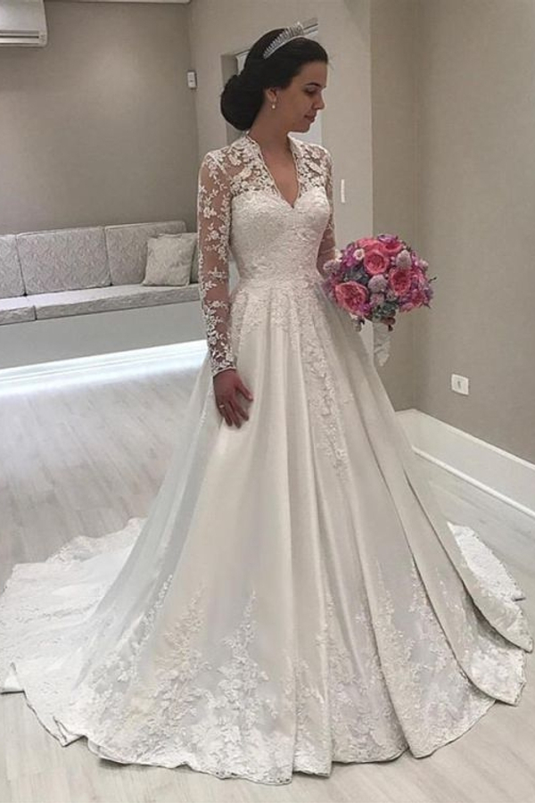 Elegant Floral Lace Long Sleeve Floor-Length A-Line Wedding Dress