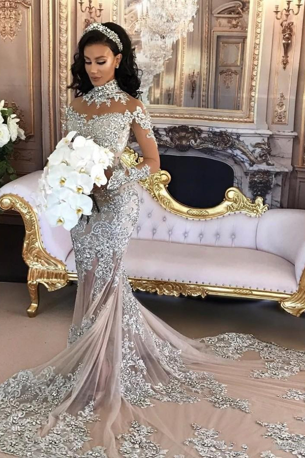 Elegant High-Neck Long Sleeve Mermaid Wedding Dress with Silver Tulle Appliques
