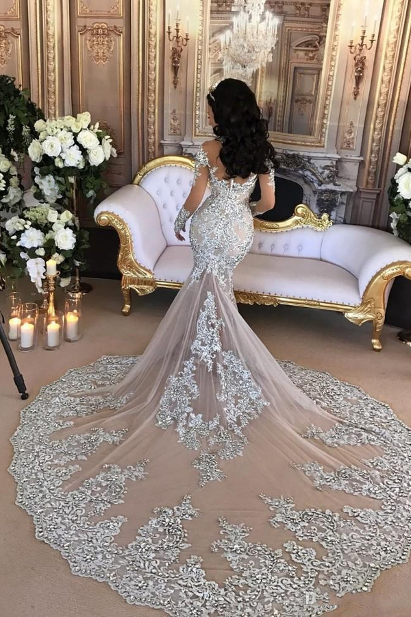 Elegant High-Neck Long Sleeve Mermaid Wedding Dress with Silver Tulle Appliques