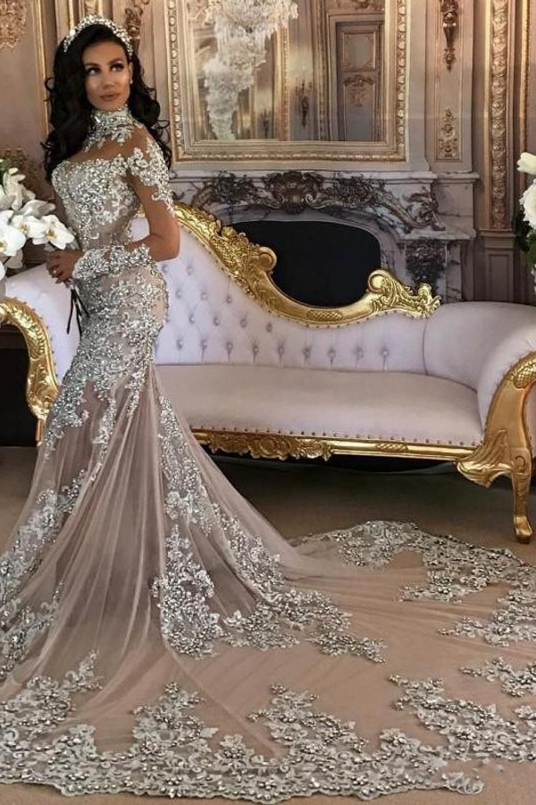 Elegant High-Neck Long Sleeve Mermaid Wedding Dress with Silver Tulle Appliques