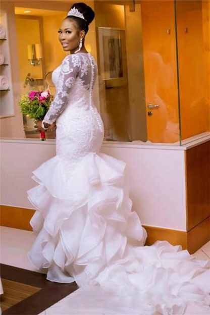 Elegant Jewel Long Sleeve Tulle Lace Wedding Dress with Court Train