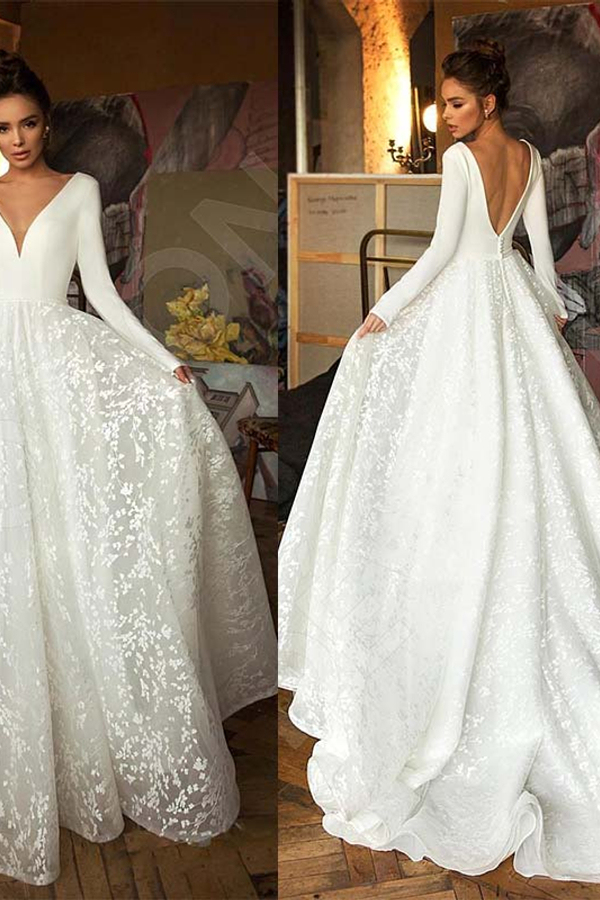 Elegant Lace A-Line V-Neck Long Sleeve Wedding Dress