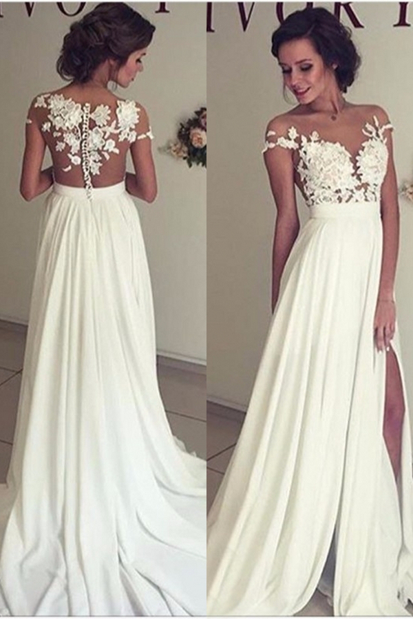 Elegant Lace Applique Long Chiffon Wedding Dress with Split