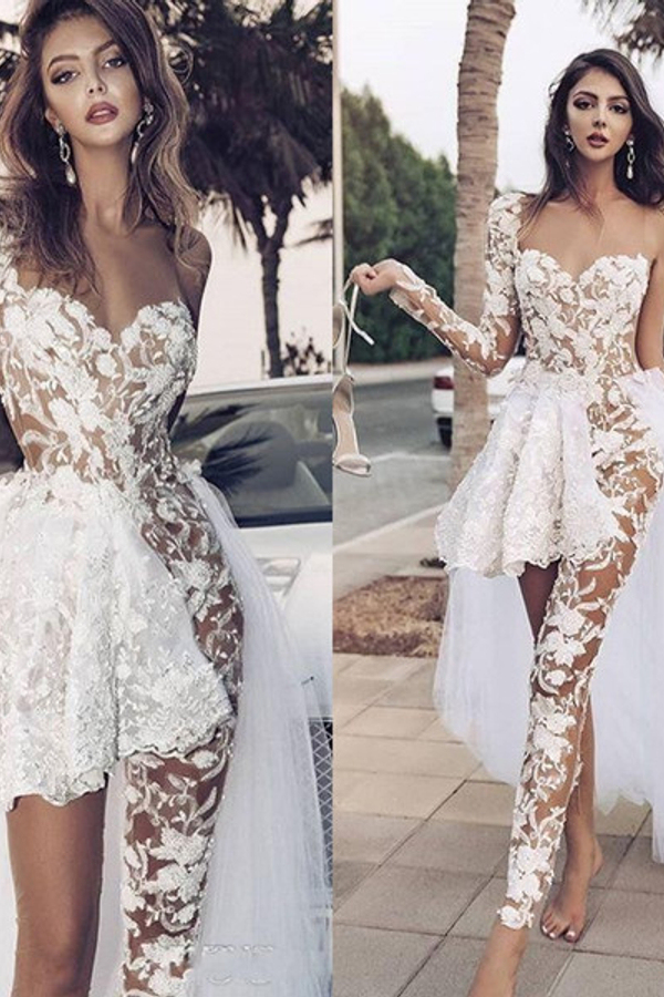 Elegant Lace Jumpsuit with Asymmetric See-Through Overskirt Wedding Dress