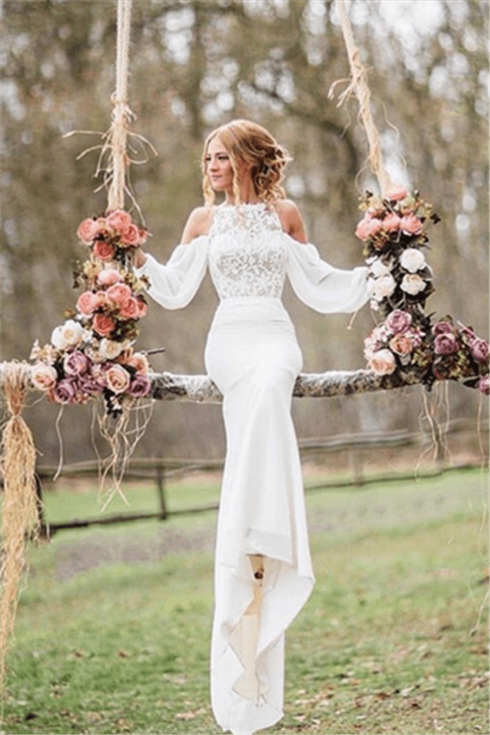 Elegant Lace Long Sleeve Mermaid Chiffon Wedding Dress
