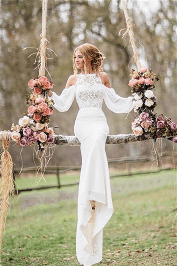Elegant Lace Long Sleeve Mermaid Chiffon Wedding Dress