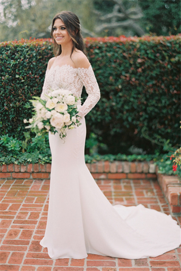 Elegant Lace Long Sleeve Mermaid Sheer Tulle Wedding Gown