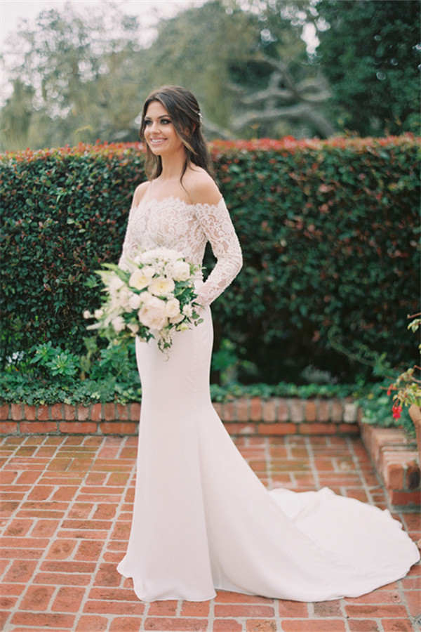 Elegant Lace Long Sleeve Mermaid Sheer Tulle Wedding Gown