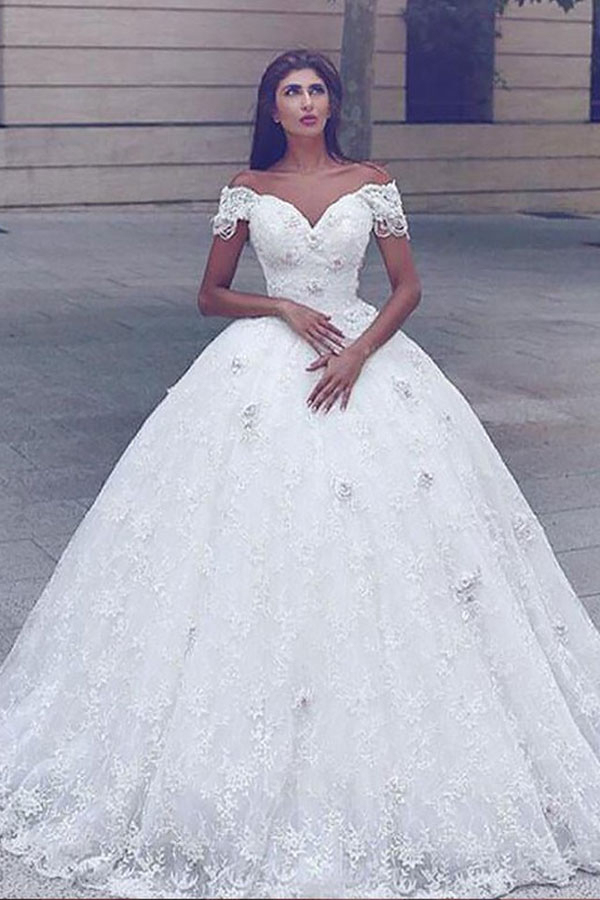 Elegant Lace Off-Shoulder White Ball Gown Tulle Aline Wedding Gown