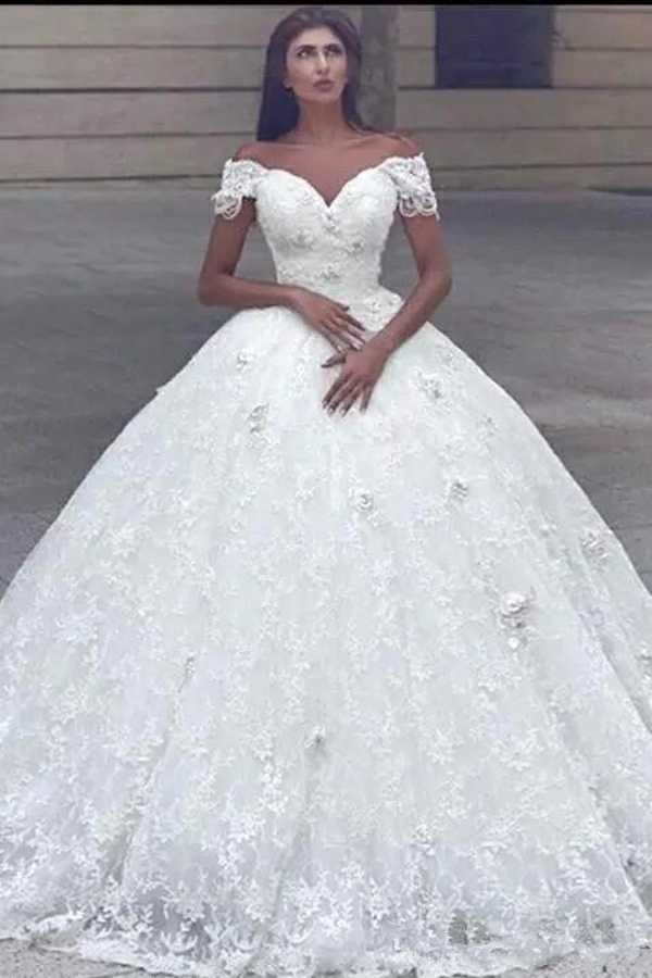 Elegant Lace Off-Shoulder White Ball Gown Tulle Aline Wedding Gown