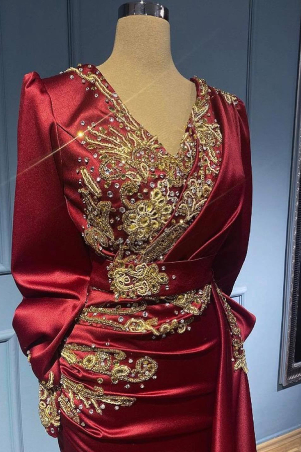Elegant Long Red Evening Dress with Sleeves V-Neck Crystal Prom Dress