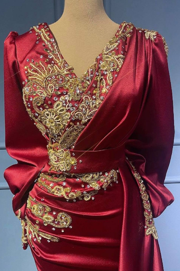 Elegant Long Red Evening Dress with Sleeves V-Neck Crystal Prom Dress