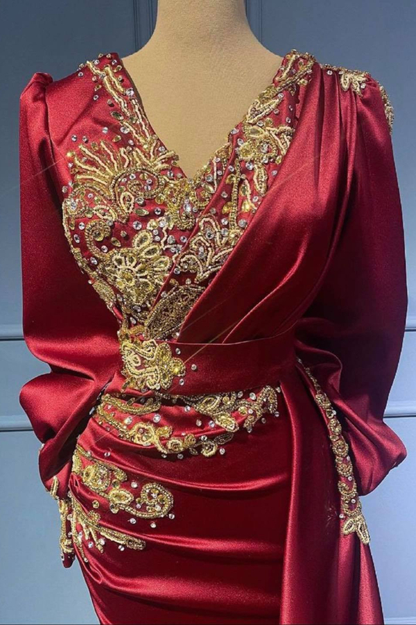 Elegant Long Red Evening Dress with Sleeves V-Neck Crystal Prom Dress